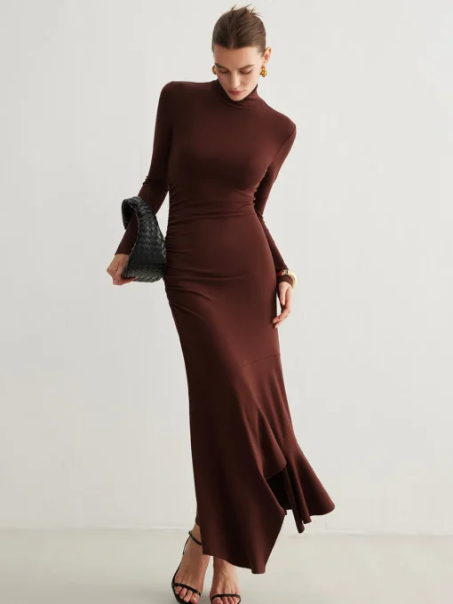 COMMENSE Casual Dresses|Cocktail & Party Dresses^Turtleneck Irregular Pleated Long Dress Burgundy