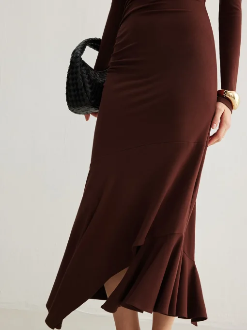 COMMENSE Casual Dresses|Cocktail & Party Dresses^Turtleneck Irregular Pleated Long Dress Burgundy