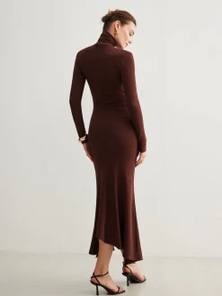 COMMENSE Casual Dresses|Cocktail & Party Dresses^Turtleneck Irregular Pleated Long Dress Burgundy
