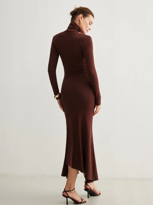 COMMENSE Casual Dresses|Cocktail & Party Dresses^Turtleneck Irregular Pleated Long Dress Burgundy