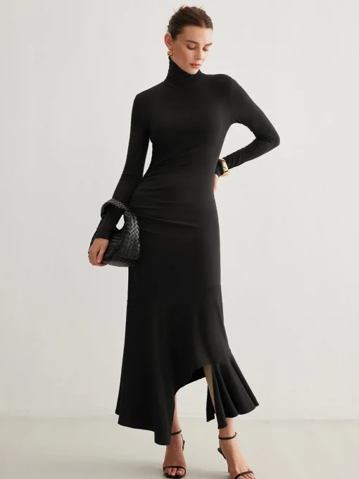 COMMENSE Casual Dresses|Cocktail & Party Dresses^Turtleneck Irregular Pleated Long Dress Burgundy