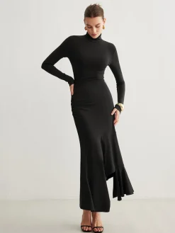 COMMENSE Casual Dresses|Cocktail & Party Dresses^Turtleneck Irregular Pleated Long Dress Burgundy