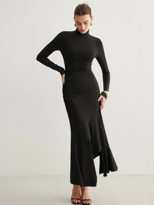 COMMENSE Casual Dresses|Cocktail & Party Dresses^Turtleneck Irregular Pleated Long Dress Burgundy