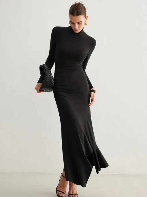 COMMENSE Casual Dresses|Cocktail & Party Dresses^Turtleneck Irregular Pleated Long Dress Burgundy