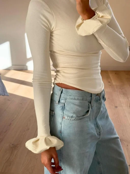 COMMENSE Blouses & Shirts|Tops^Turtleneck Ribbed Ruffle Sleeve Blouse Apricot