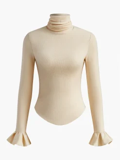 COMMENSE Blouses & Shirts|Tops^Turtleneck Ribbed Ruffle Sleeve Blouse Apricot