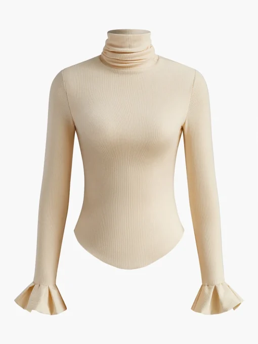 COMMENSE Blouses & Shirts|Tops^Turtleneck Ribbed Ruffle Sleeve Blouse Apricot