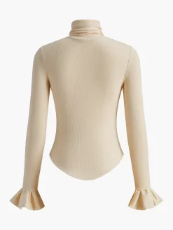 COMMENSE Blouses & Shirts|Tops^Turtleneck Ribbed Ruffle Sleeve Blouse Apricot
