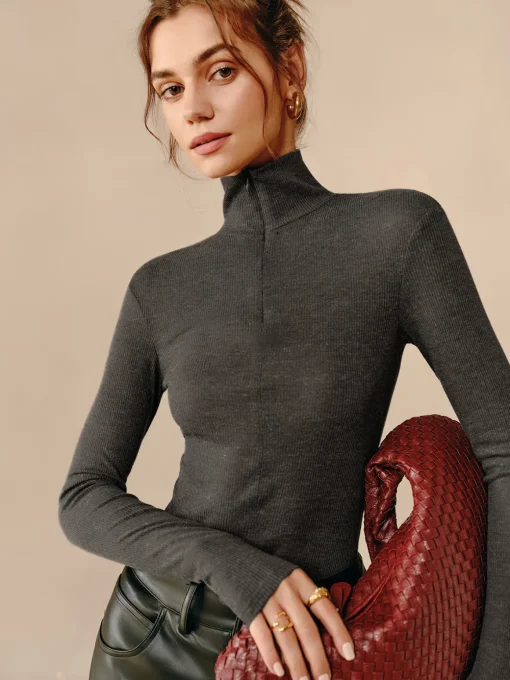 COMMENSE Blouses & Shirts|Tops^Turtleneck Ribbed Zipper Blouse Grey
