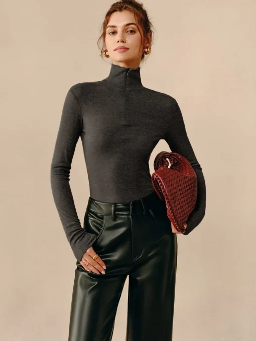 COMMENSE Blouses & Shirts|Tops^Turtleneck Ribbed Zipper Blouse Grey