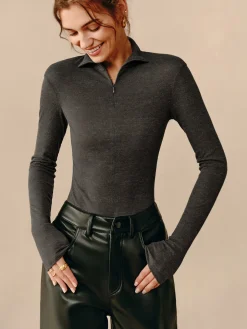 COMMENSE Blouses & Shirts|Tops^Turtleneck Ribbed Zipper Blouse Grey