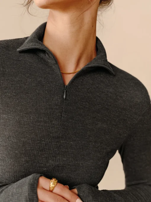 COMMENSE Blouses & Shirts|Tops^Turtleneck Ribbed Zipper Blouse Grey
