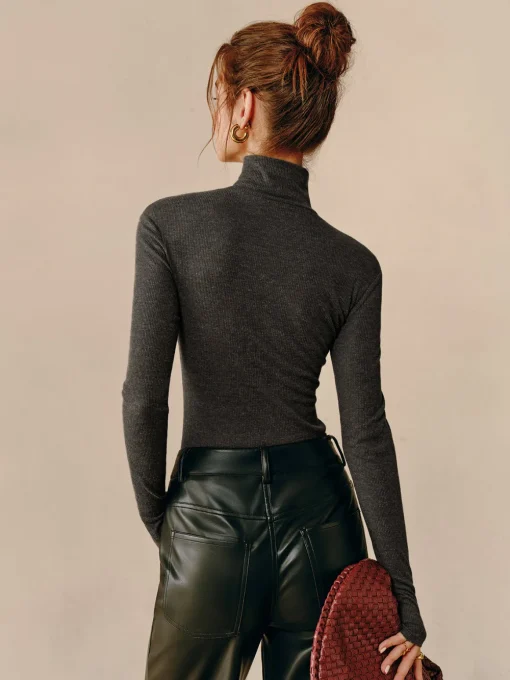 COMMENSE Blouses & Shirts|Tops^Turtleneck Ribbed Zipper Blouse Grey