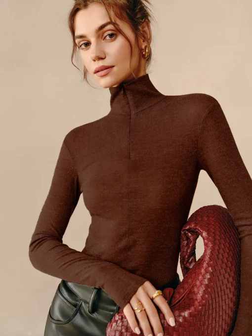 COMMENSE Blouses & Shirts|Tops^Turtleneck Ribbed Zipper Blouse Grey