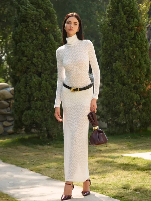 COMMENSE Dresses^Turtleneck Semi-Sheer Slim Long Dress Without Belt White