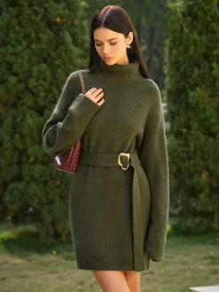 COMMENSE Knitwear|Dresses^Turtleneck Sweater Short Dress With Belt ArmyGreen