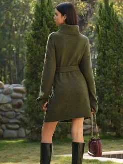 COMMENSE Knitwear|Dresses^Turtleneck Sweater Short Dress With Belt ArmyGreen