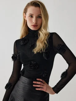 COMMENSE T-shirts|Tops^Turtleneck Three Dimensional Flower Decor Shirt Black