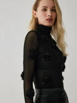 COMMENSE T-shirts|Tops^Turtleneck Three Dimensional Flower Decor Shirt Black