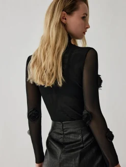 COMMENSE T-shirts|Tops^Turtleneck Three Dimensional Flower Decor Shirt Black