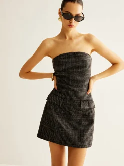 COMMENSE Casual Dresses|Short Dresses^Tweed Checked Tube Short Dress Grey