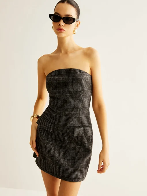 COMMENSE Casual Dresses|Short Dresses^Tweed Checked Tube Short Dress Grey