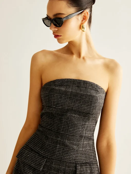 COMMENSE Casual Dresses|Short Dresses^Tweed Checked Tube Short Dress Grey