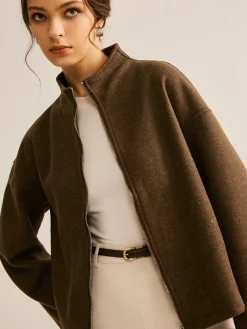 COMMENSE Outerwear|Coats^Tweed Double Zip Coat DarkBrown
