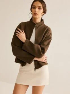 COMMENSE Outerwear|Coats^Tweed Double Zip Coat DarkBrown