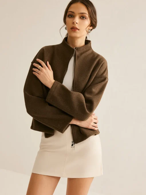COMMENSE Outerwear|Coats^Tweed Double Zip Coat DarkBrown