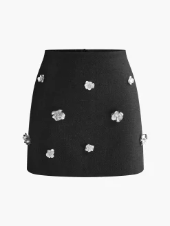 COMMENSE Skirts|Bottoms^Tweed Floral-Beaded Zipper Skirt Black