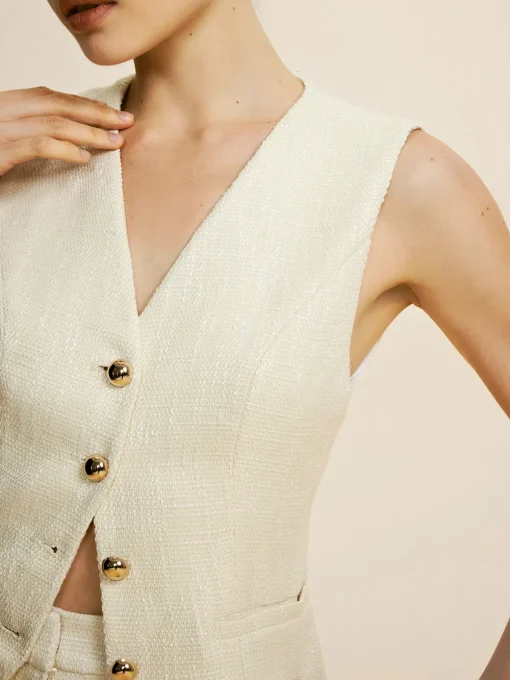 COMMENSE Pants Sets|Wide Leg^Tweed Sleeveless Baggy Pants Set Off-White