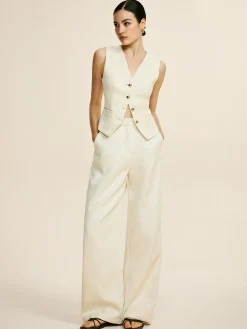 COMMENSE Pants Sets|Wide Leg^Tweed Sleeveless Baggy Pants Set Off-White