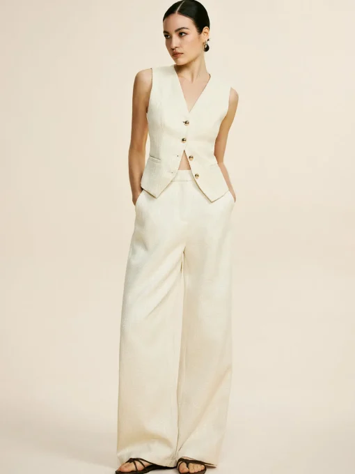 COMMENSE Pants Sets|Wide Leg^Tweed Sleeveless Baggy Pants Set Off-White