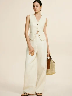COMMENSE Pants Sets|Wide Leg^Tweed Sleeveless Baggy Pants Set Off-White