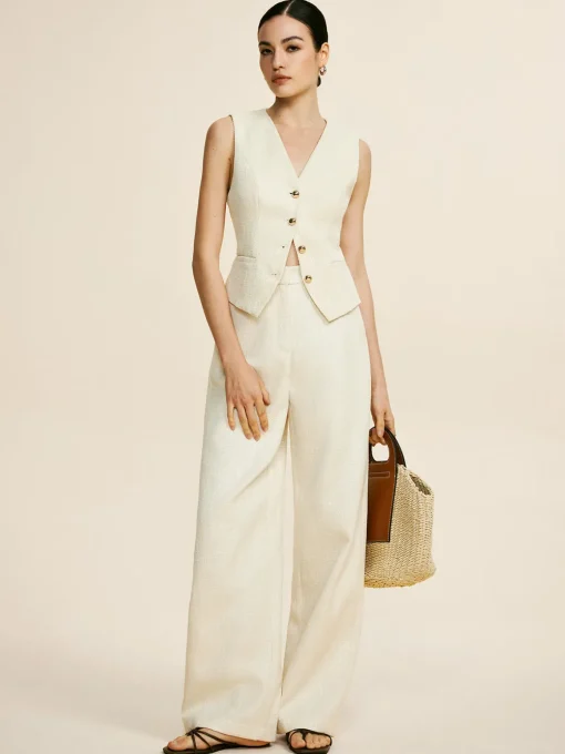 COMMENSE Pants Sets|Wide Leg^Tweed Sleeveless Baggy Pants Set Off-White