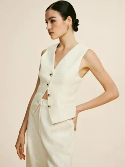COMMENSE Pants Sets|Wide Leg^Tweed Sleeveless Baggy Pants Set Off-White