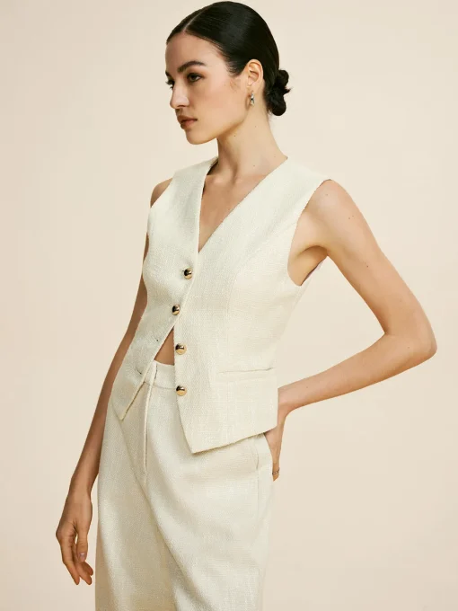 COMMENSE Pants Sets|Wide Leg^Tweed Sleeveless Baggy Pants Set Off-White