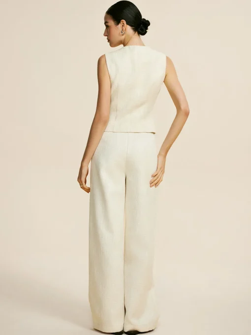 COMMENSE Pants Sets|Wide Leg^Tweed Sleeveless Baggy Pants Set Off-White