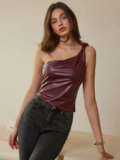 COMMENSE Tank Tops & Camis|Tops^Twist-Strap Faux Leather Tank Top Burgundy