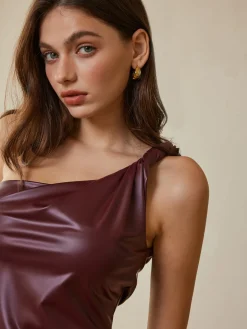 COMMENSE Tank Tops & Camis|Tops^Twist-Strap Faux Leather Tank Top Burgundy