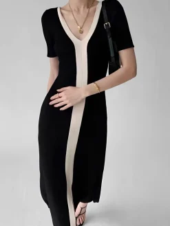 COMMENSE Black Dresses|Sweater Dresses^Two Tone V-Neck Knit Slit Midi Dress Black