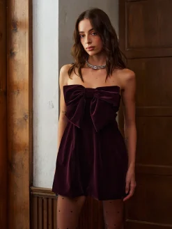 COMMENSE Dresses^Two Way Bow-Decor Velvet Tube Dress Burgundy