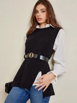 COMMENSE Blouses & Shirts|Tops^Two-Piece Belted Sweater With Polo Shirt Black