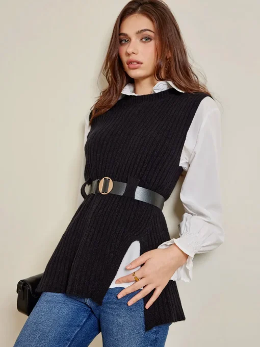 COMMENSE Blouses & Shirts|Tops^Two-Piece Belted Sweater With Polo Shirt Black