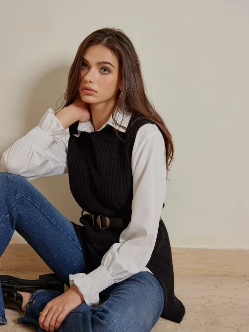 COMMENSE Blouses & Shirts|Tops^Two-Piece Belted Sweater With Polo Shirt Black