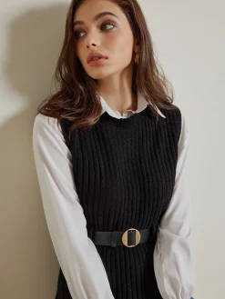 COMMENSE Blouses & Shirts|Tops^Two-Piece Belted Sweater With Polo Shirt Black