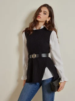 COMMENSE Blouses & Shirts|Tops^Two-Piece Belted Sweater With Polo Shirt Black