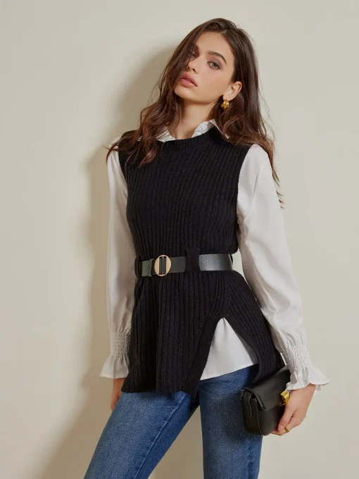 COMMENSE Blouses & Shirts|Tops^Two-Piece Belted Sweater With Polo Shirt Black
