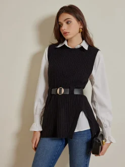 COMMENSE Blouses & Shirts|Tops^Two-Piece Belted Sweater With Polo Shirt Black